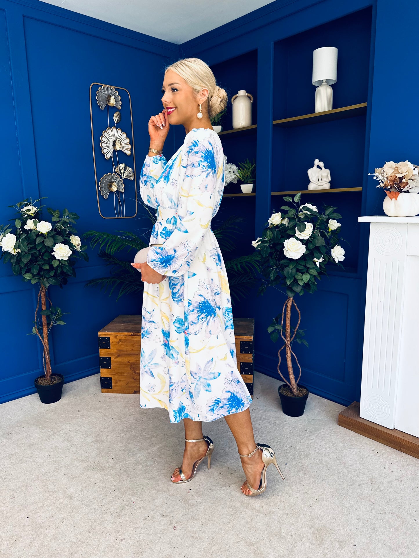 Grainne Button Detail Midi Dress Floral Blue