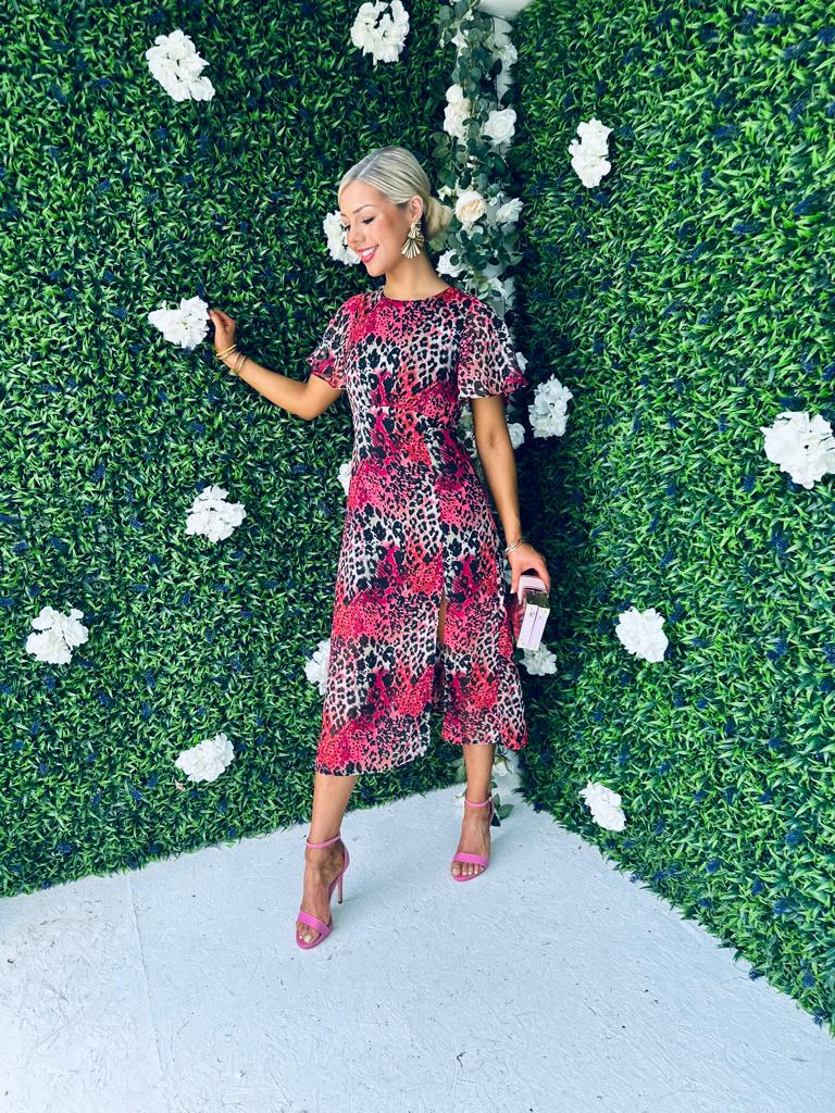 Britney Red Animal Angel Sleeve Split Leg Midi Dress