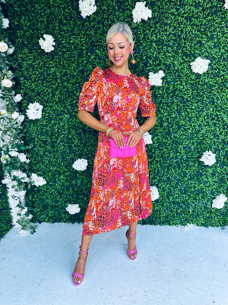 Samira Multi Leopard Frill Sleeve Midi Dress