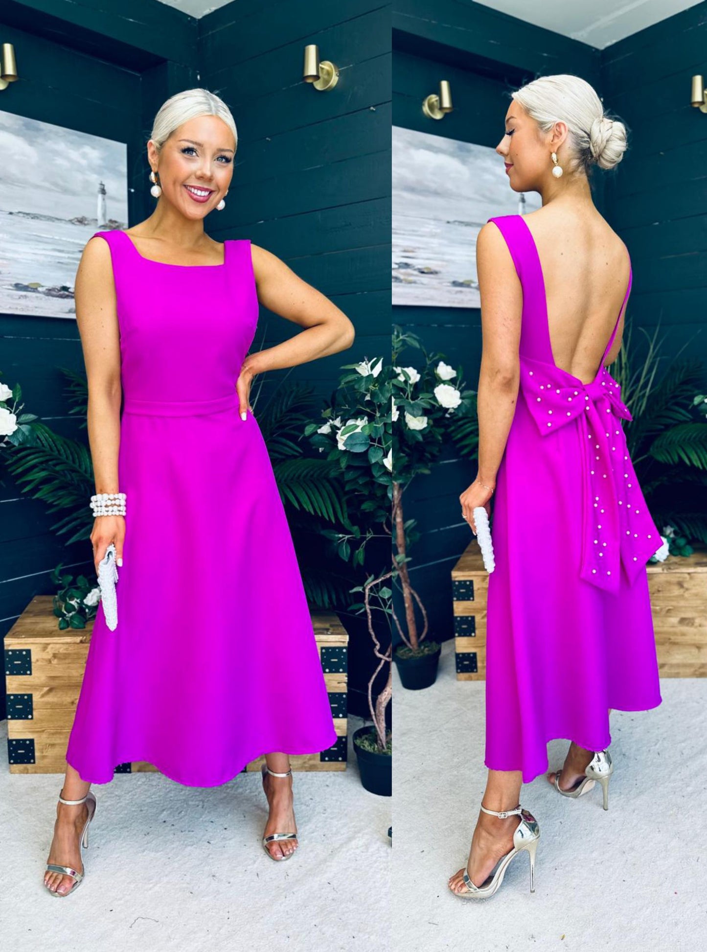 Roz Pearl Bow Detail Midi Dress Orchid