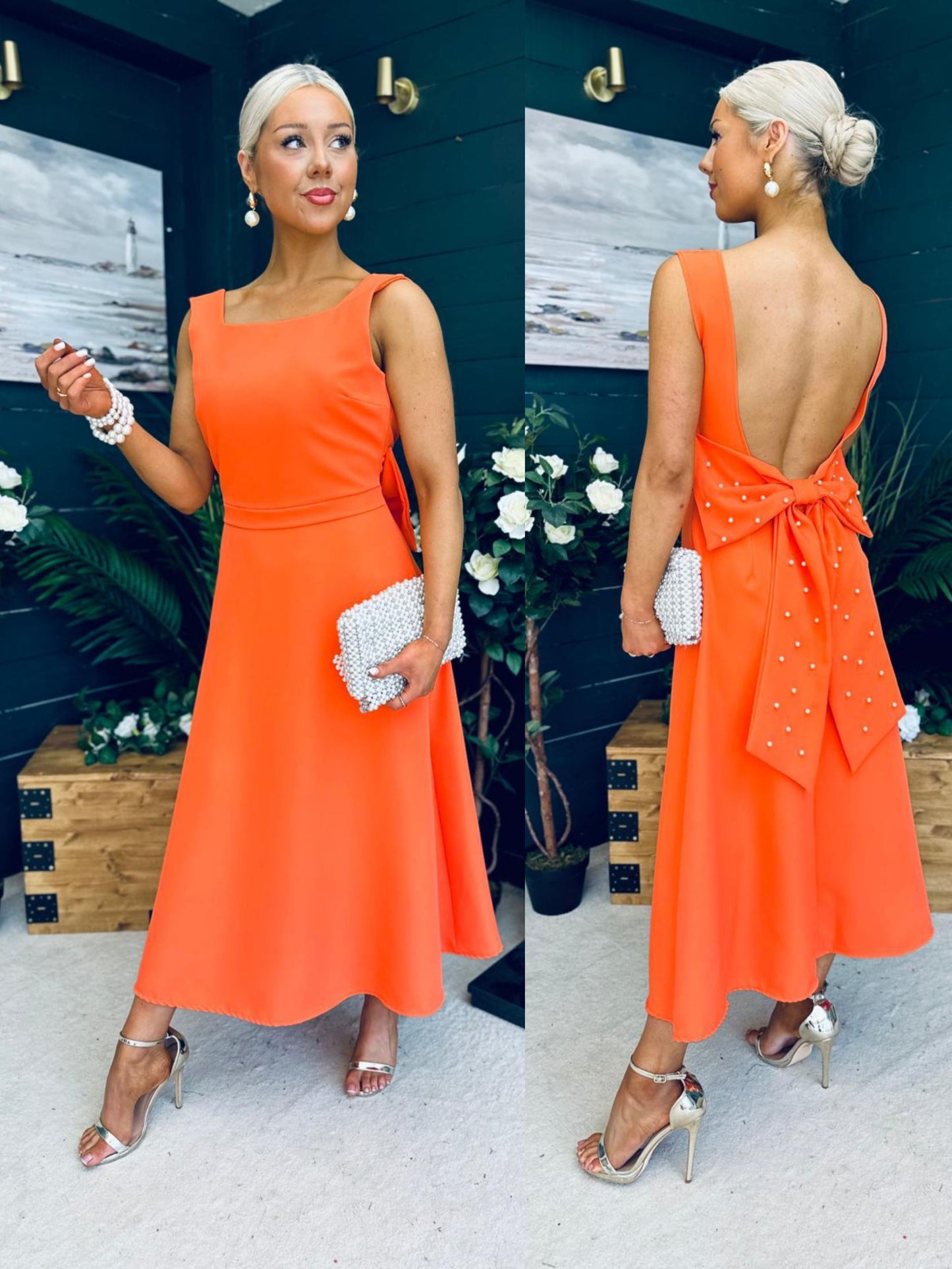 Roz Pearl Bow Detail Midi Dress Orange