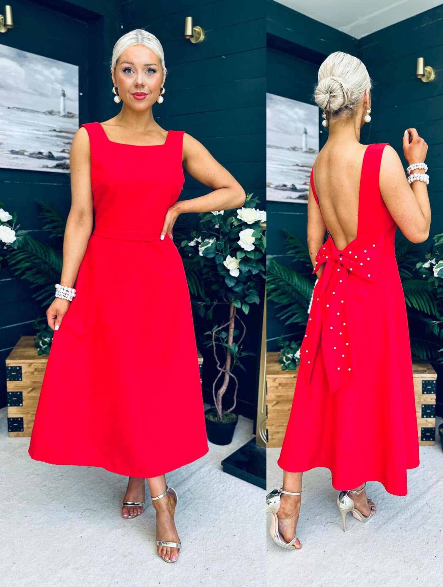 Roz Pearl Bow Detail Midi Dress Red
