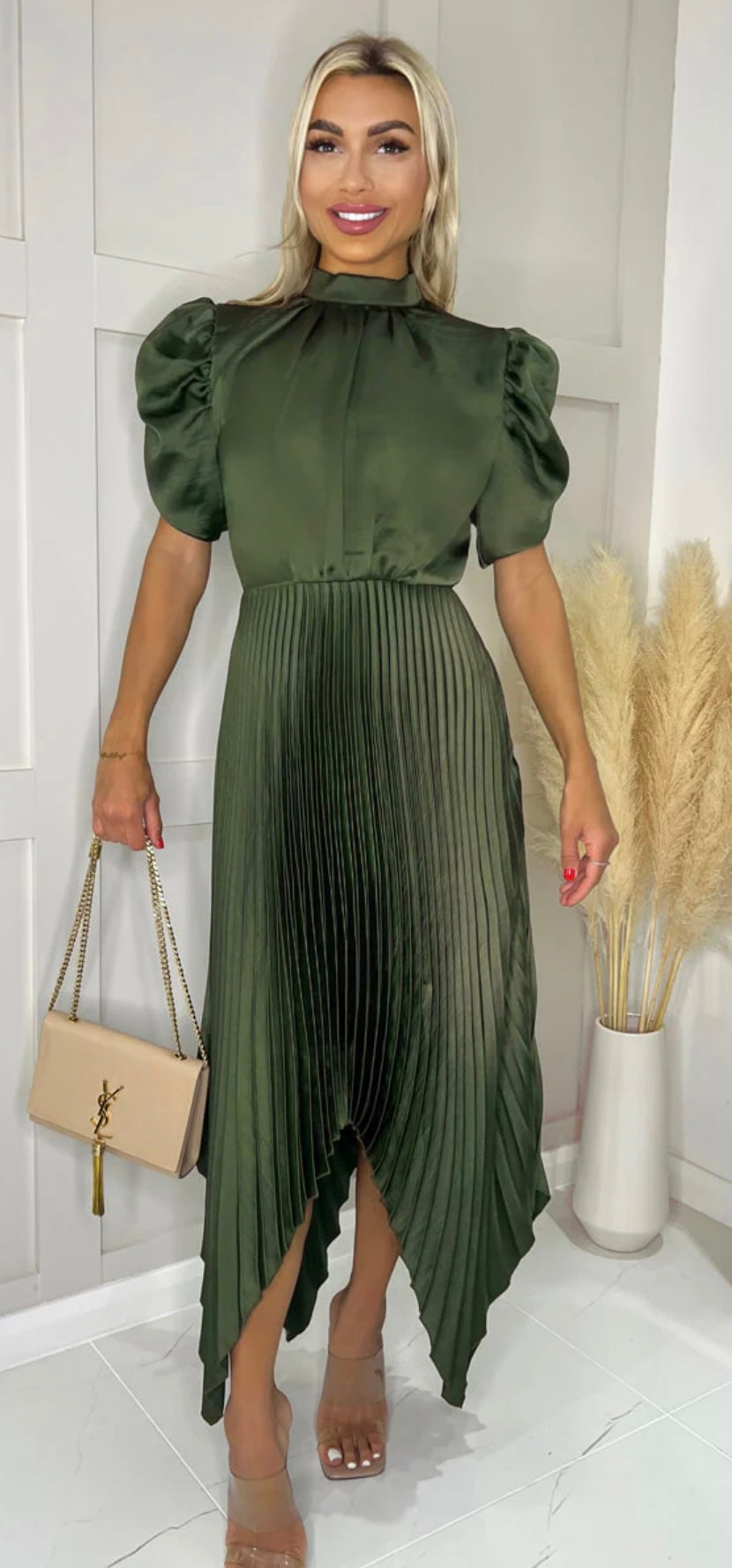 Nainsi Puff Sleeve Pleated Midi Dress Olive