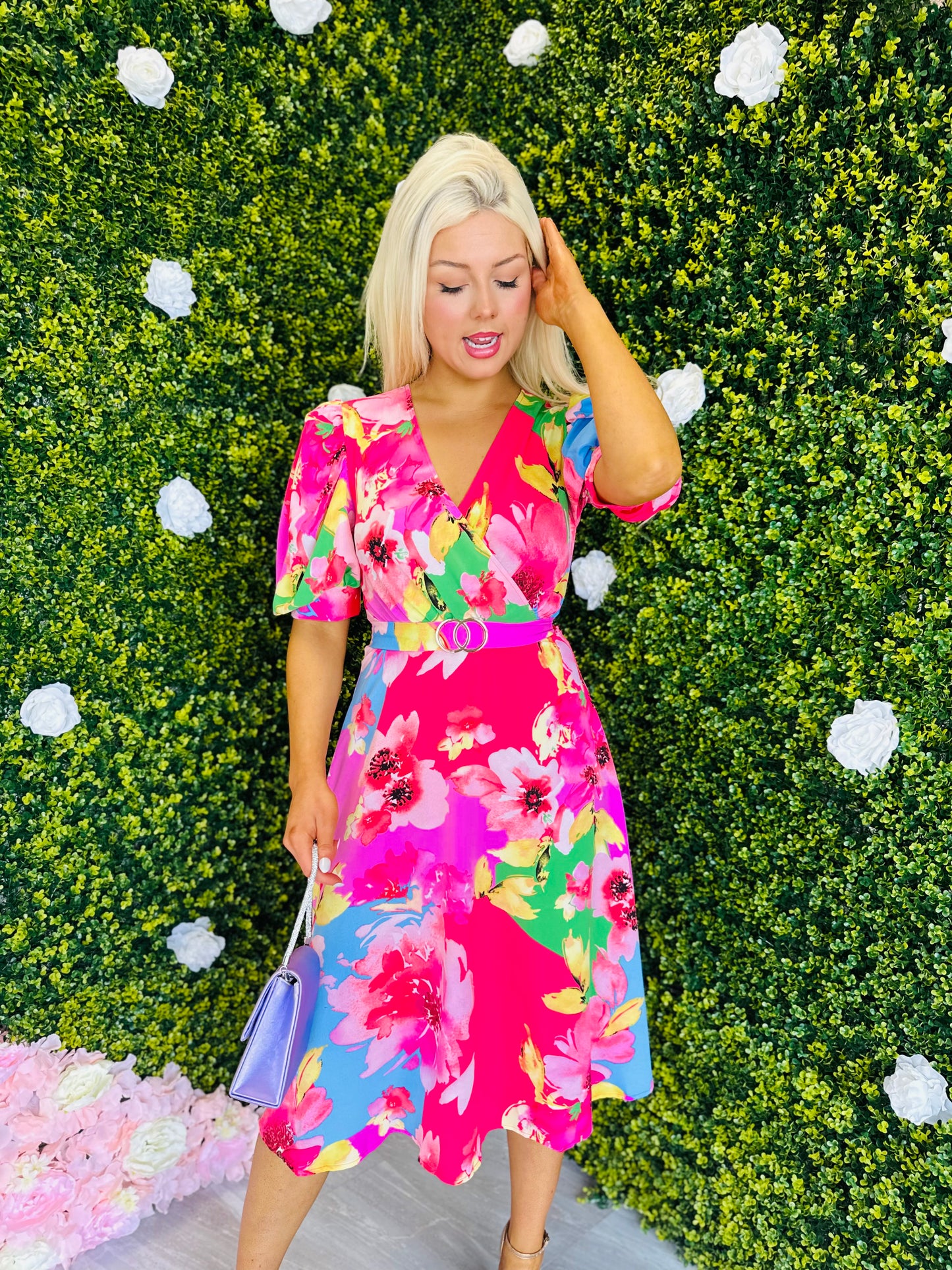 Nadine Multicolour Floral Buckle Detail Midi Dress