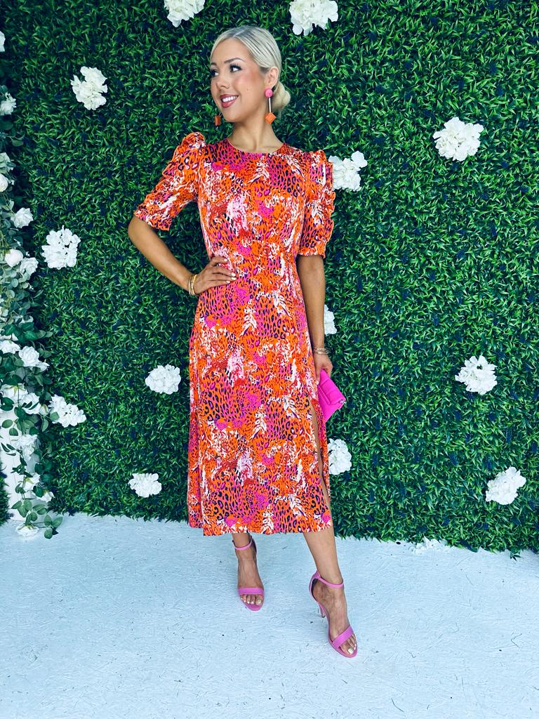 Samira Multi Leopard Frill Sleeve Midi Dress