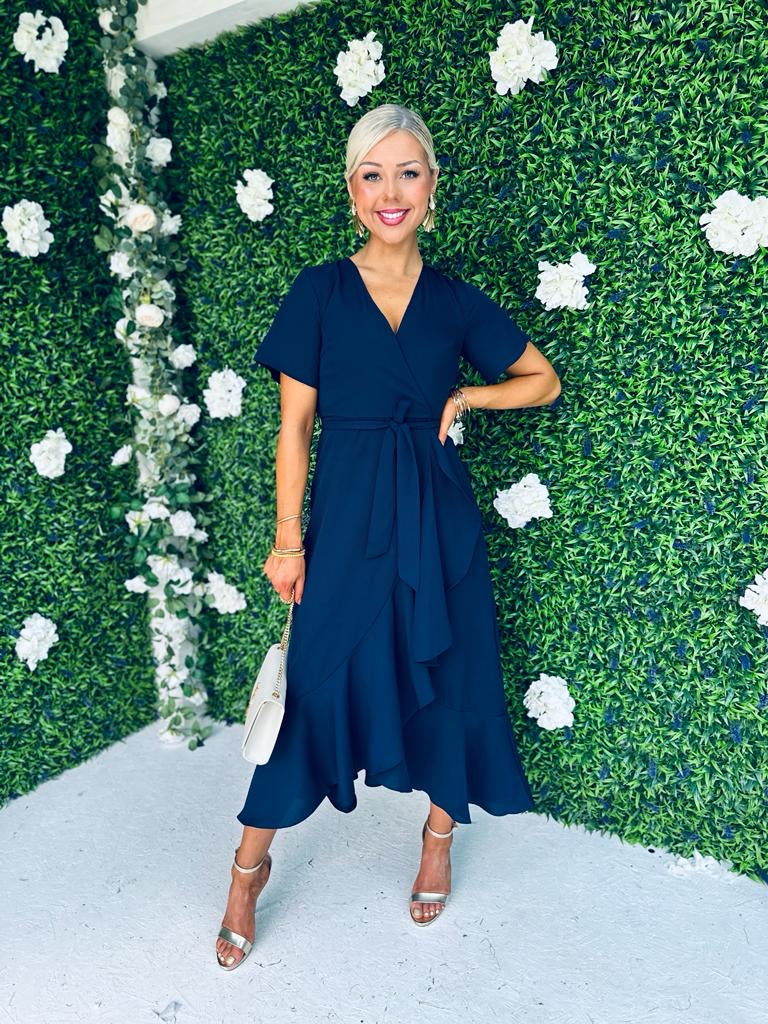 Maisie Navy Frill Detail Midi Dress