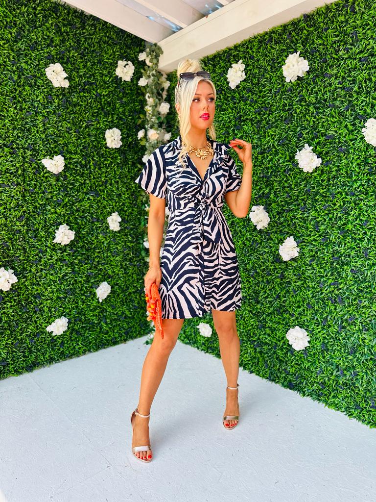 Verity Navy Zebra Tie Detail Mini Shirt Dress