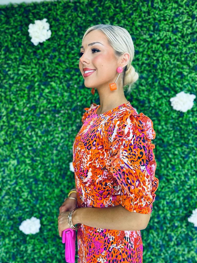 Samira Multi Leopard Frill Sleeve Midi Dress