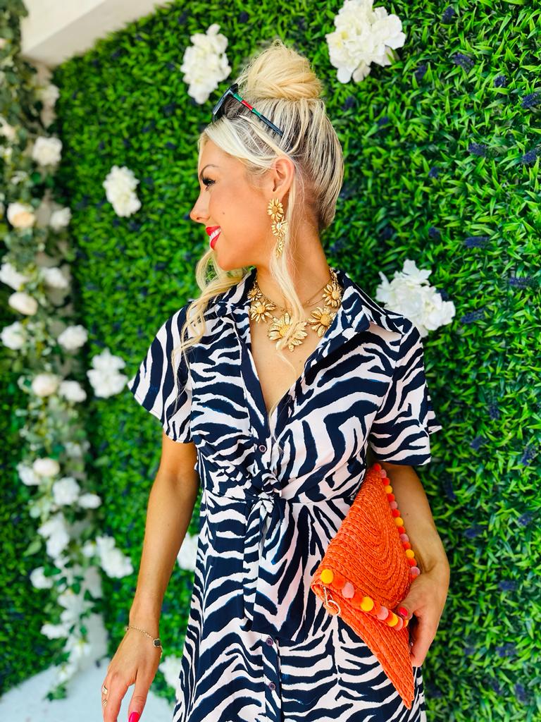 Verity Navy Zebra Tie Detail Mini Shirt Dress