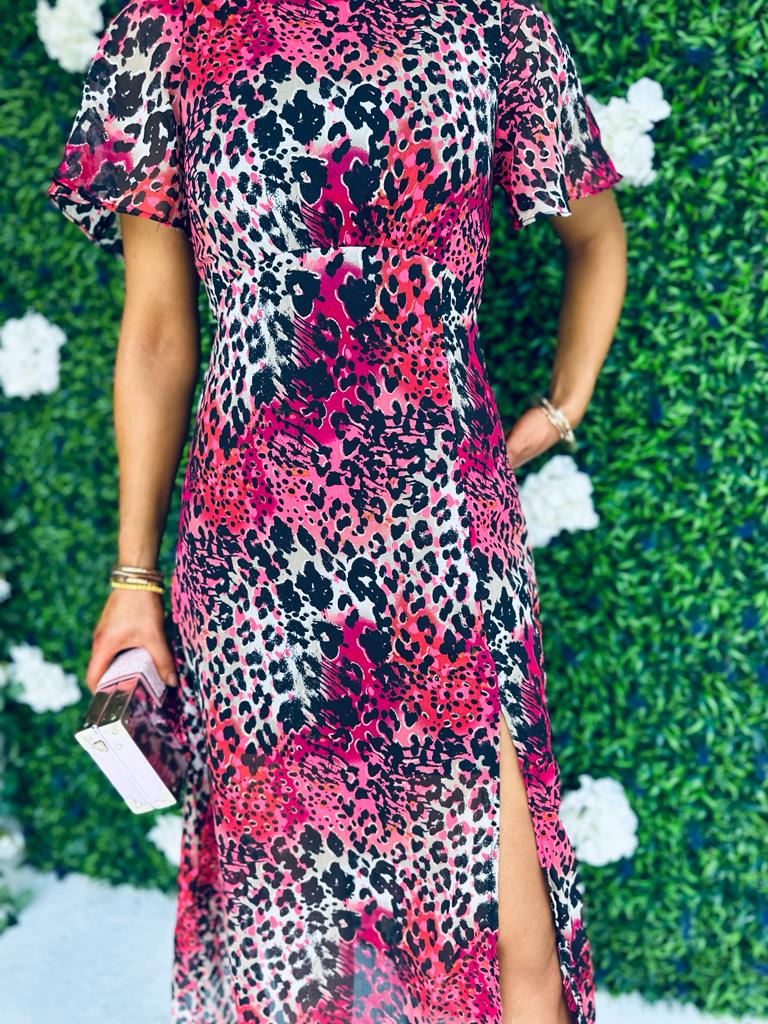 Britney Red Animal Angel Sleeve Split Leg Midi Dress