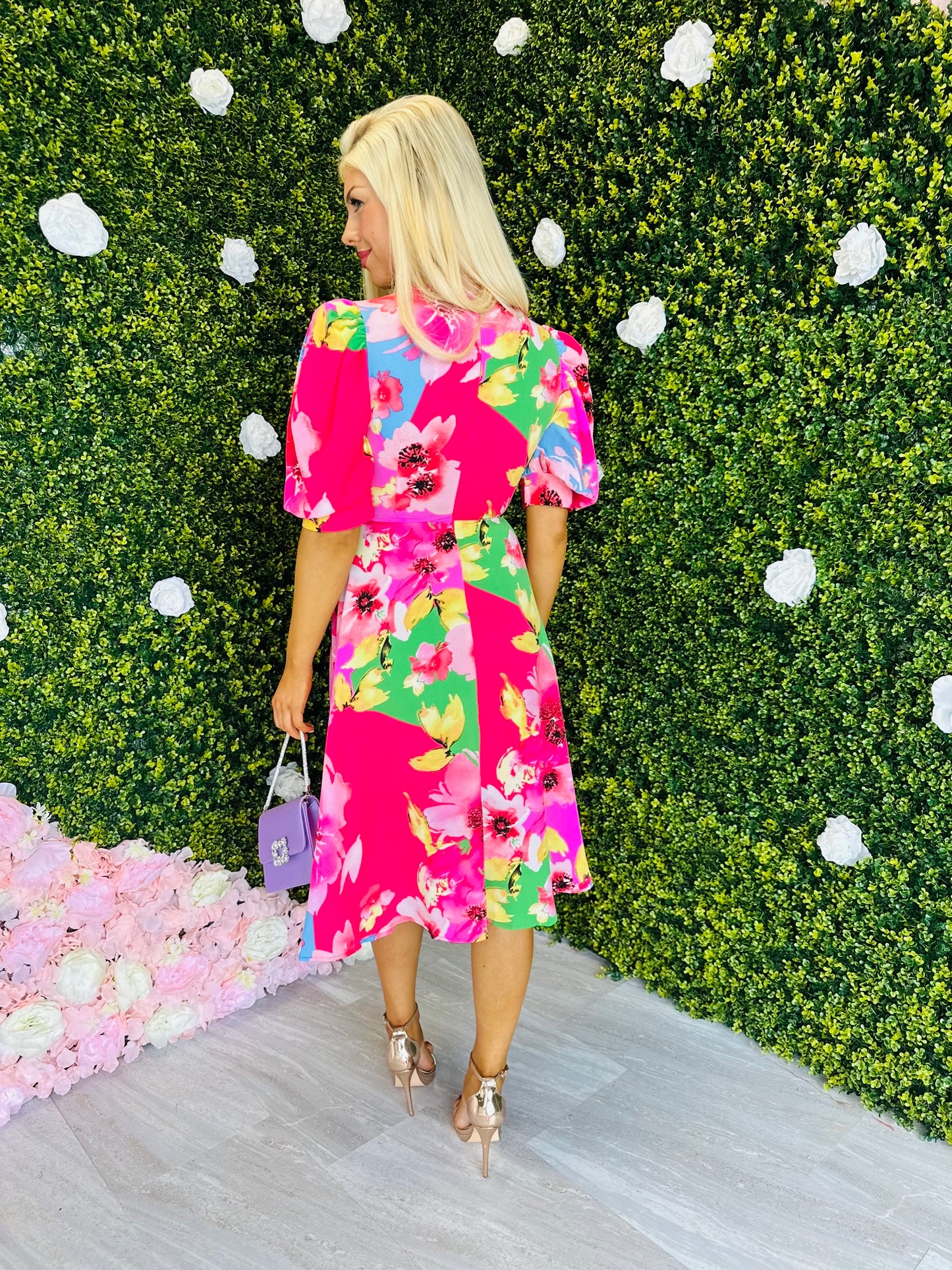Nadine Multicolour Floral Buckle Detail Midi Dress