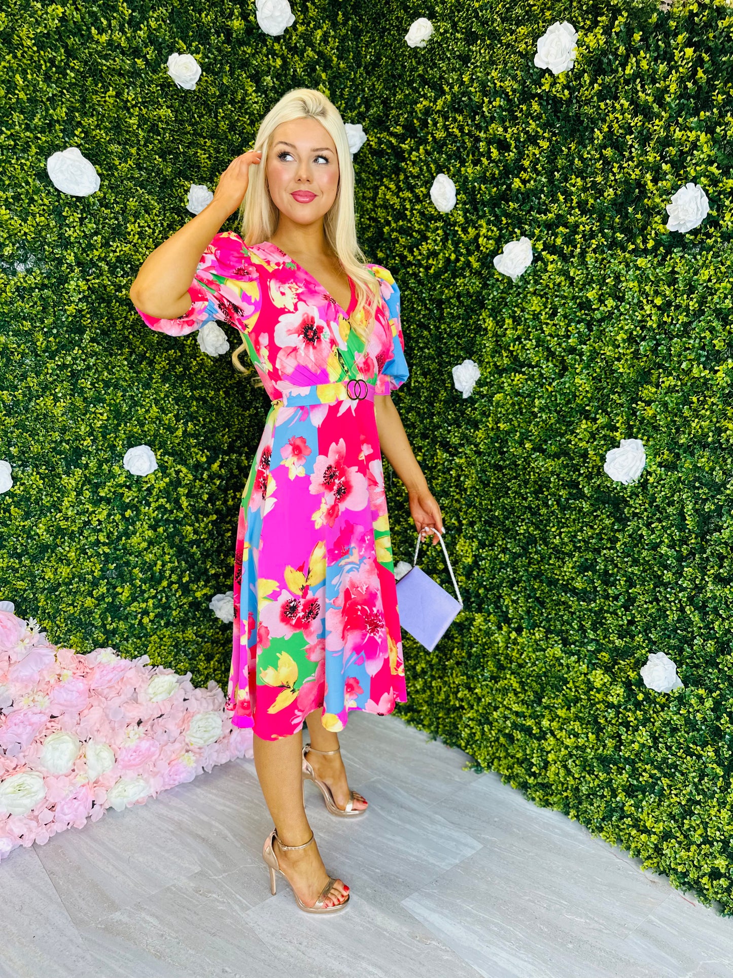 Nadine Multicolour Floral Buckle Detail Midi Dress