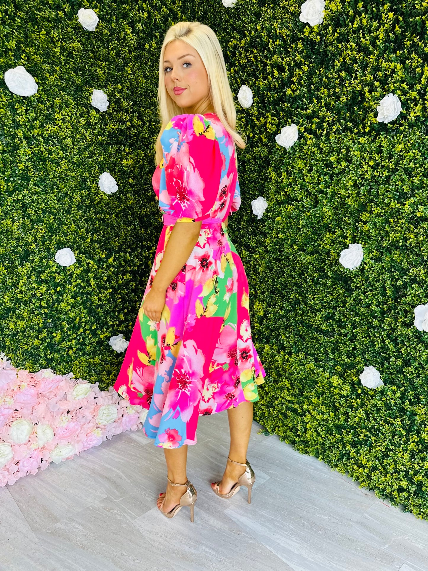 Nadine Multicolour Floral Buckle Detail Midi Dress