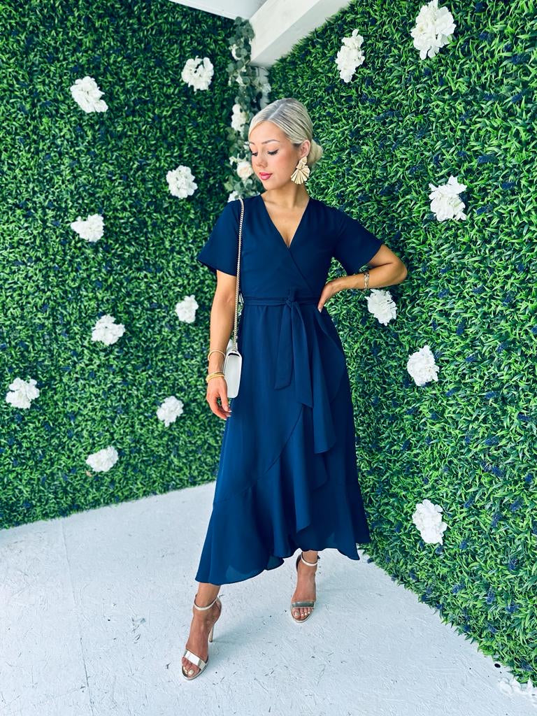 Maisie Navy Frill Detail Midi Dress