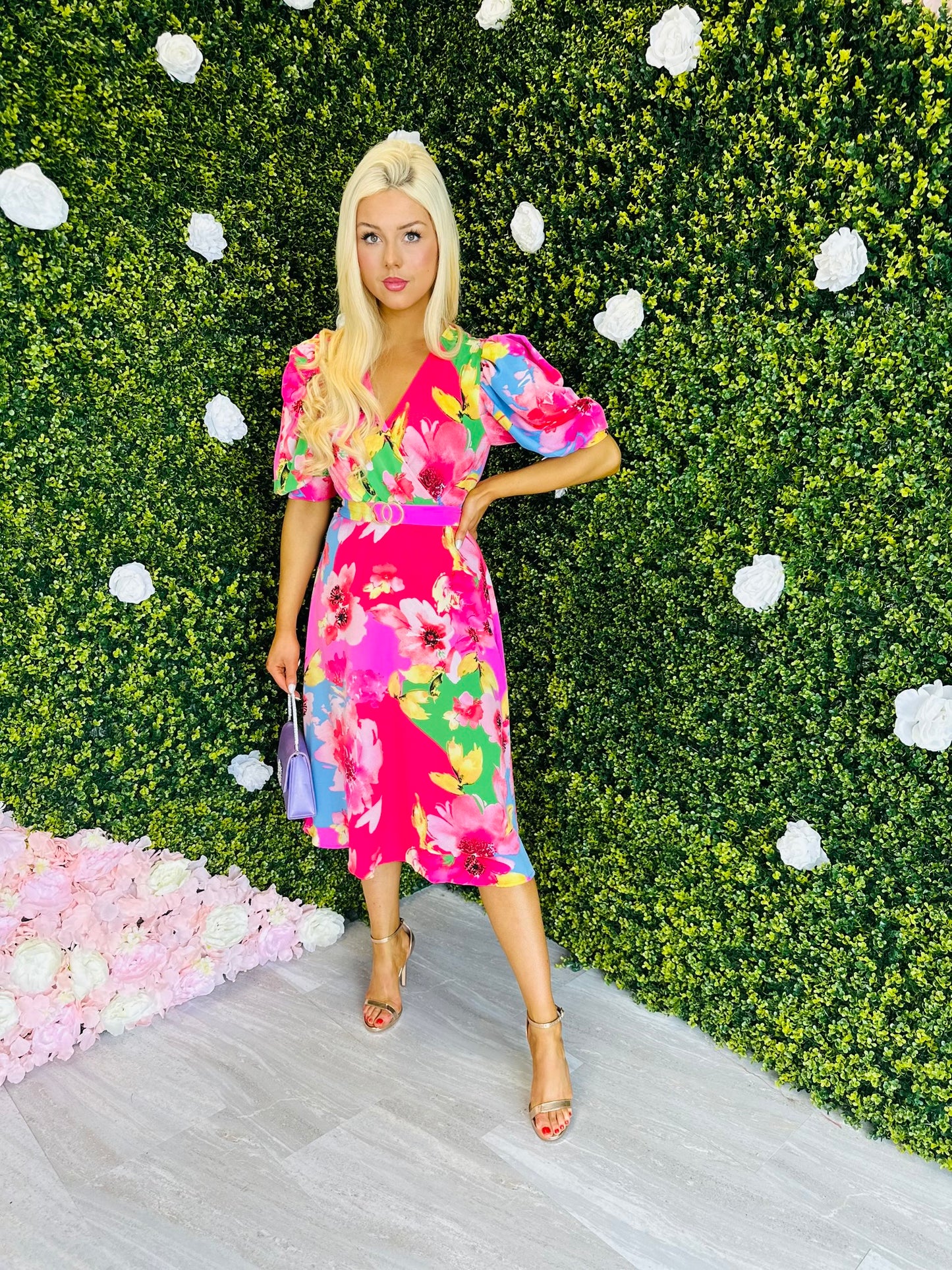 Nadine Multicolour Floral Buckle Detail Midi Dress