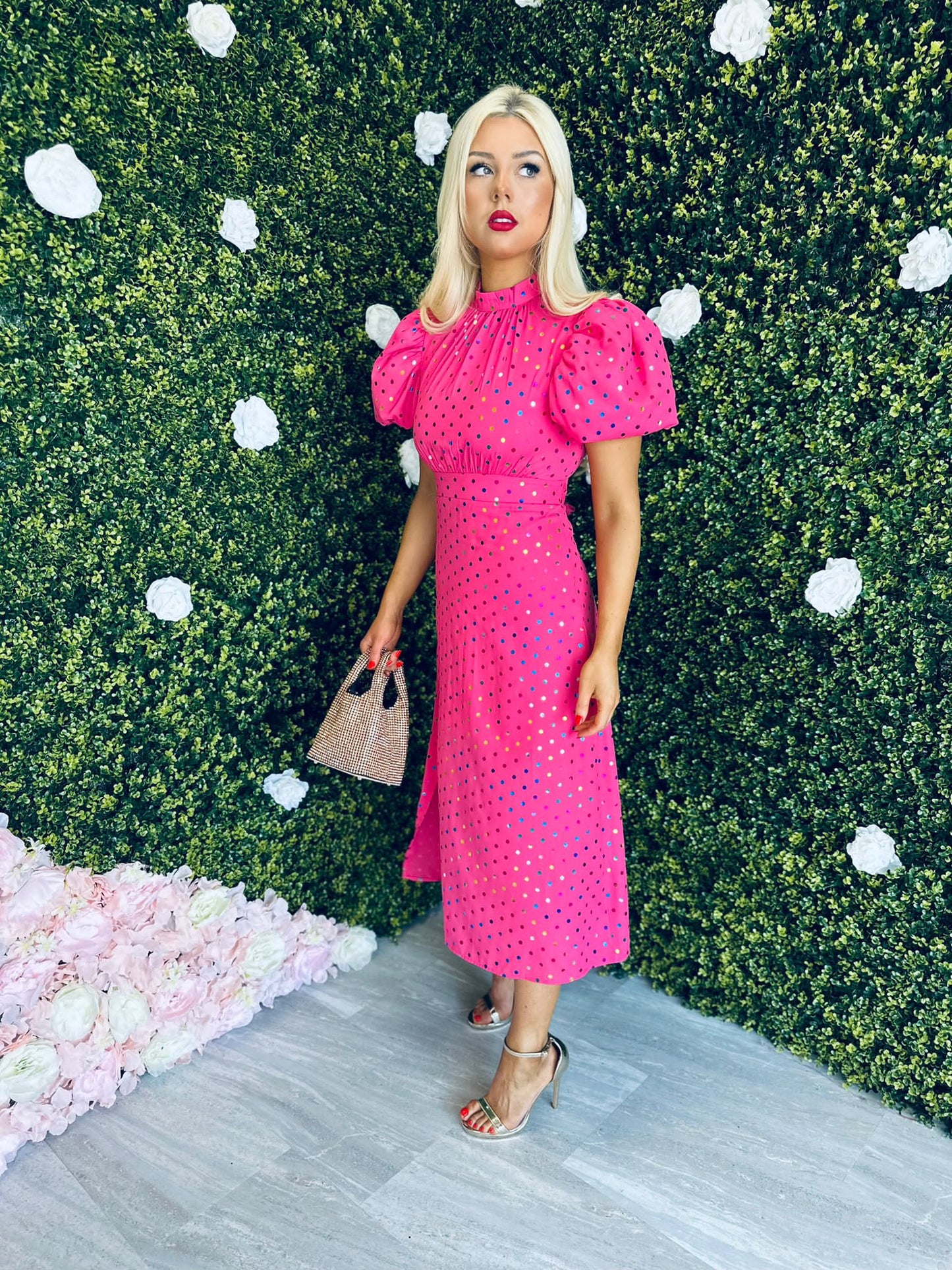 Lilith Puff Sleeve High Neck Midi Dress Gold & Pink