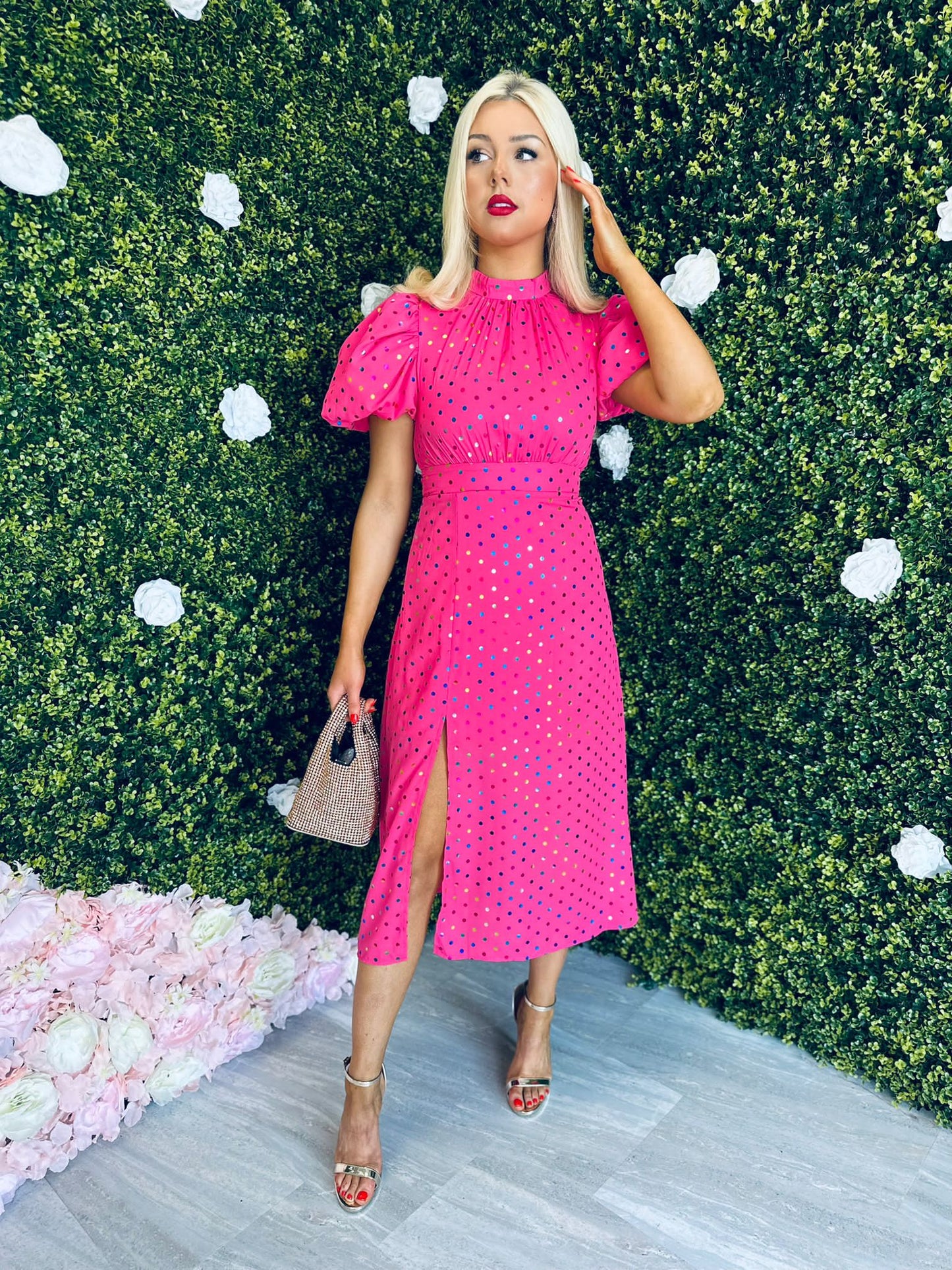Lilith Puff Sleeve High Neck Midi Dress Gold & Pink