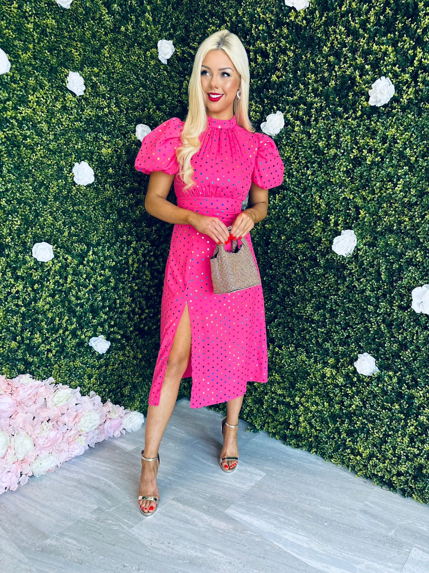 Lilith Puff Sleeve High Neck Midi Dress Gold & Pink