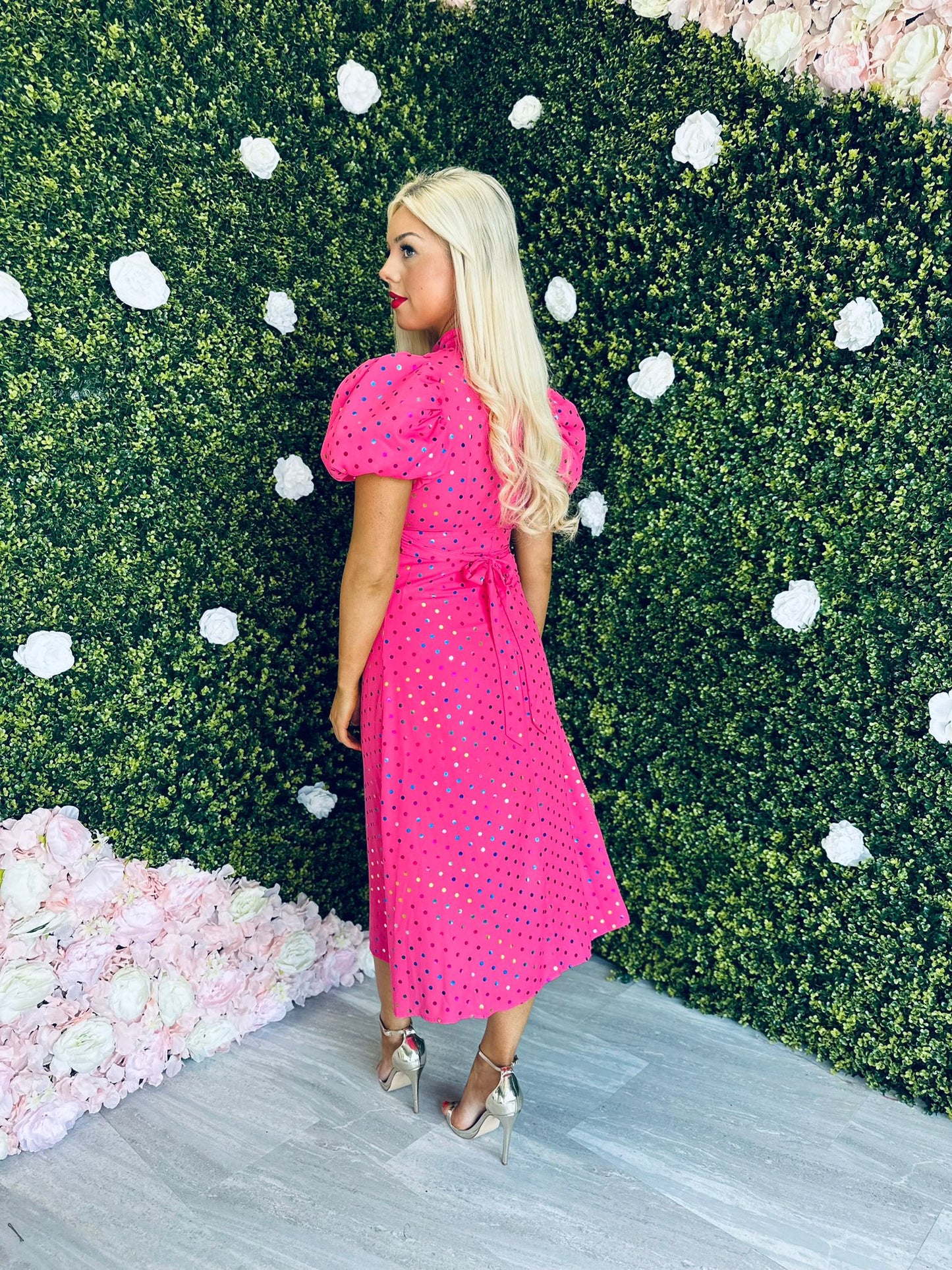 Lilith Puff Sleeve High Neck Midi Dress Gold & Pink
