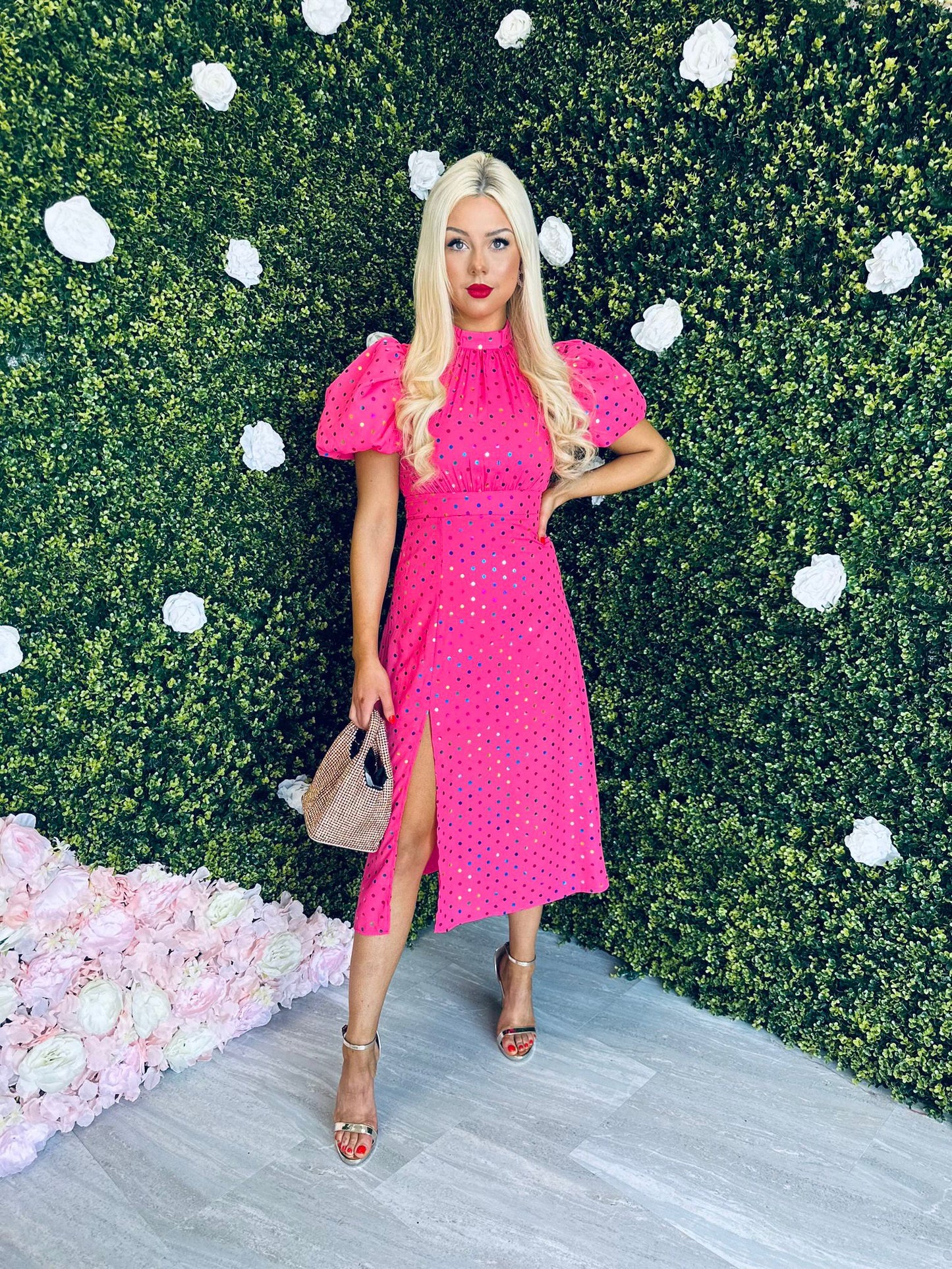 Lilith Puff Sleeve High Neck Midi Dress Gold & Pink