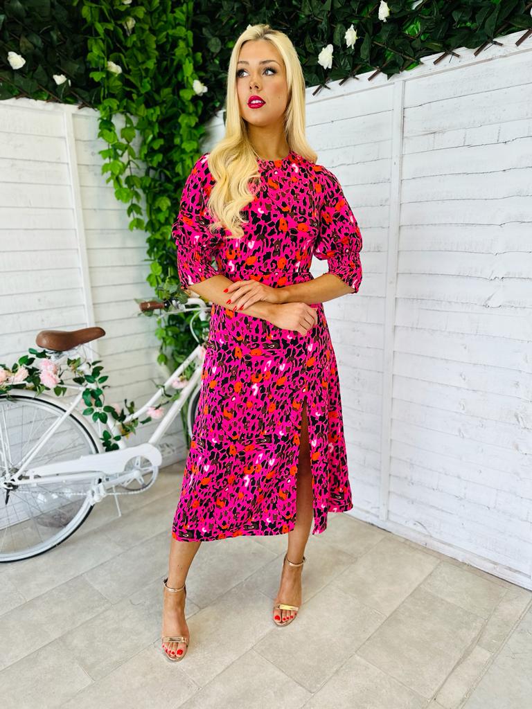 Shayla Shirred Cuff Midi Dress Leopard Pink
