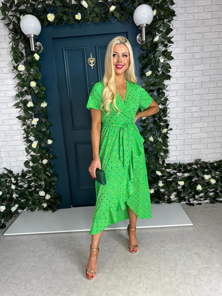 Farrah Split Hem Frill Detail Dress Multi Foil Green