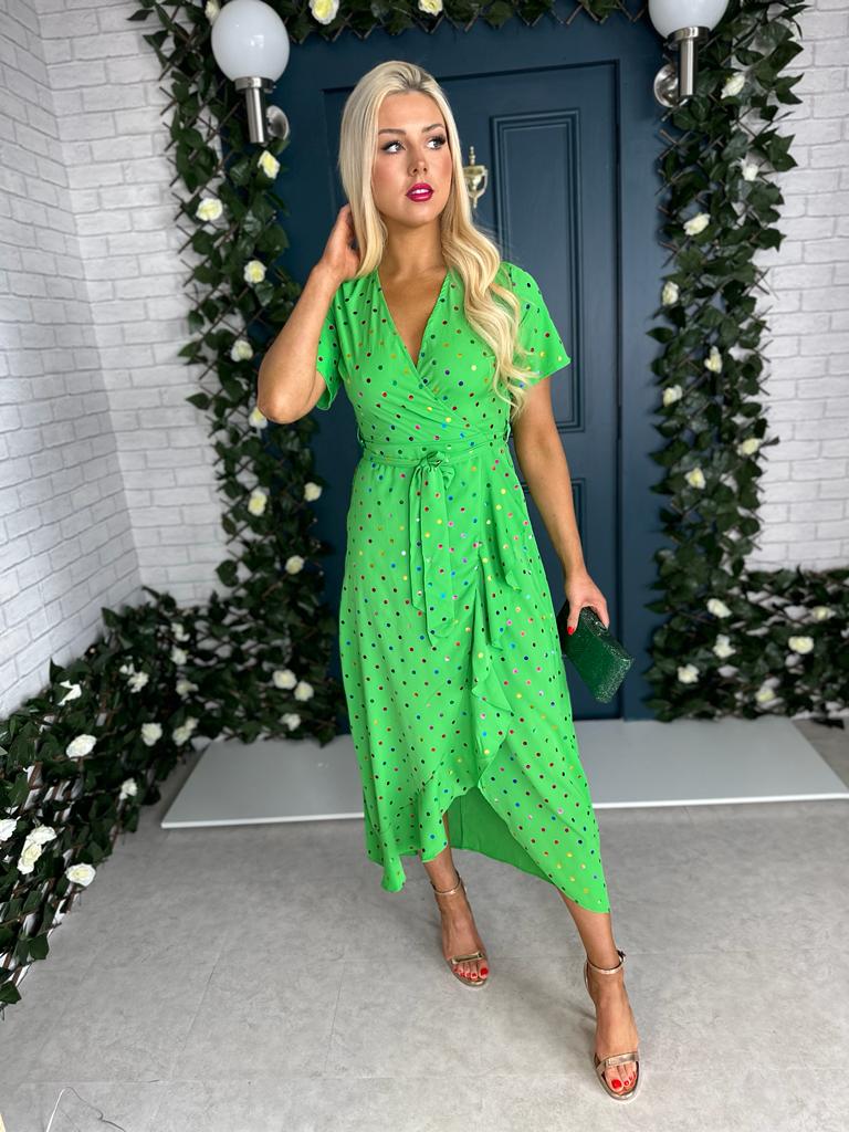Farrah Split Hem Frill Detail Dress Multi Foil Green