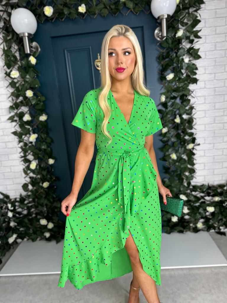 Farrah Split Hem Frill Detail Dress Multi Foil Green