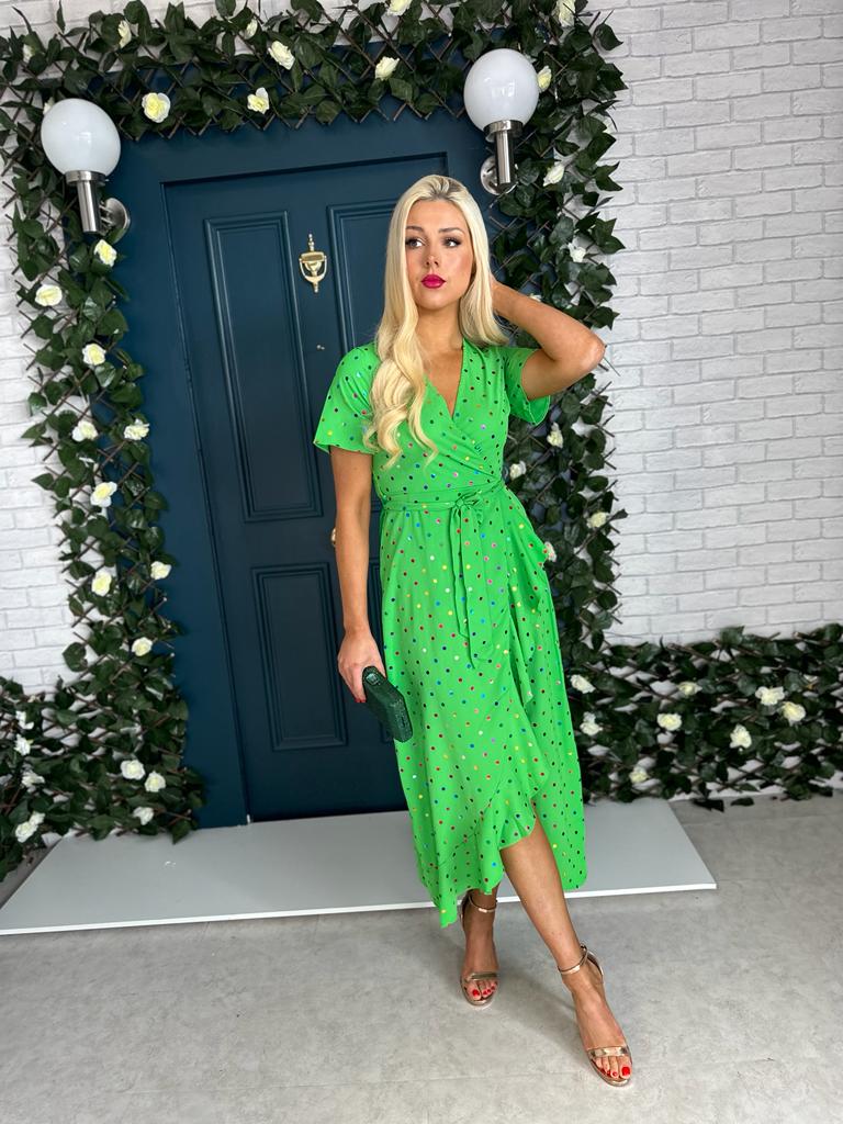 Farrah Split Hem Frill Detail Dress Multi Foil Green