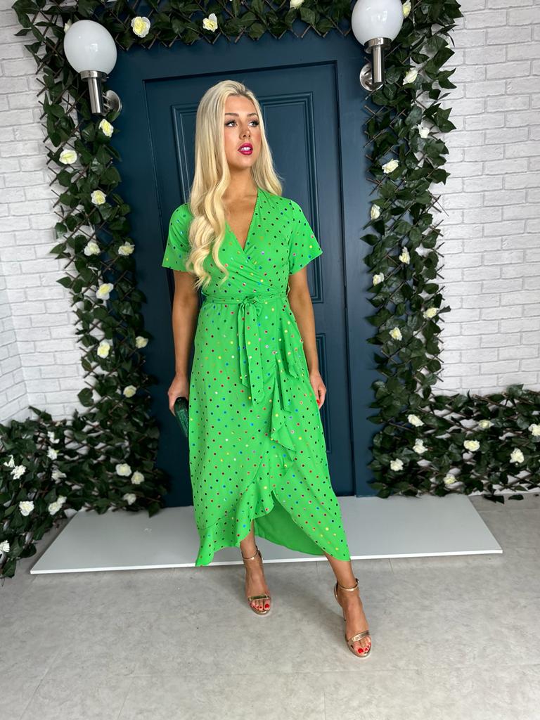 Farrah Split Hem Frill Detail Dress Multi Foil Green