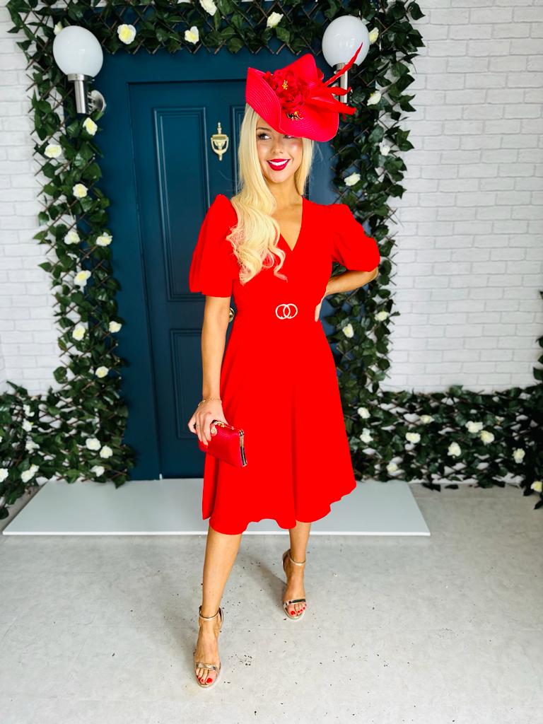 Nadine Buckle Detail Midi Dress Red