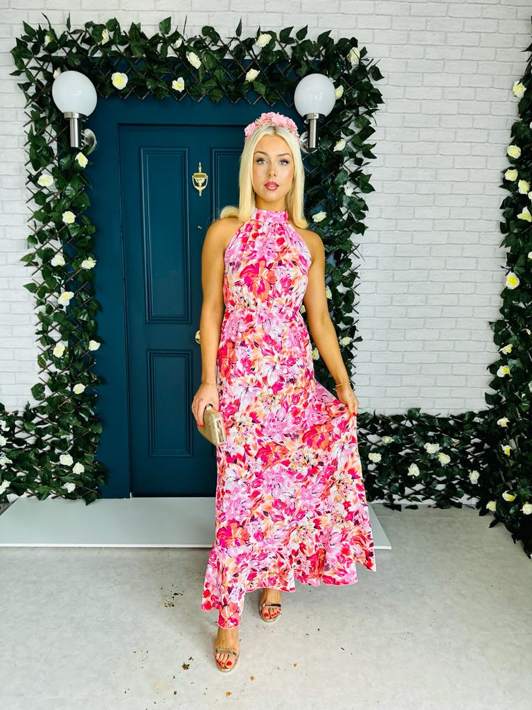 Paloma Tie Neck Dress Floral Orange & Pink