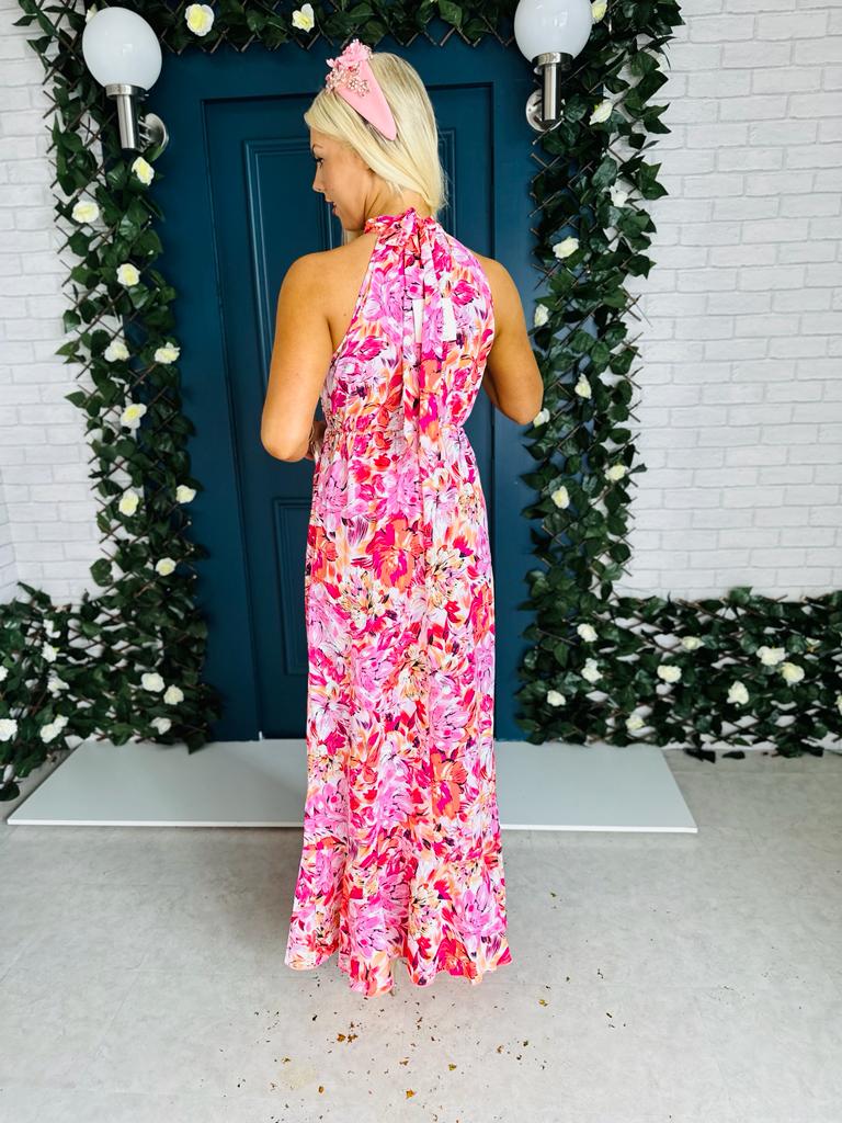 Paloma Tie Neck Dress Floral Orange & Pink