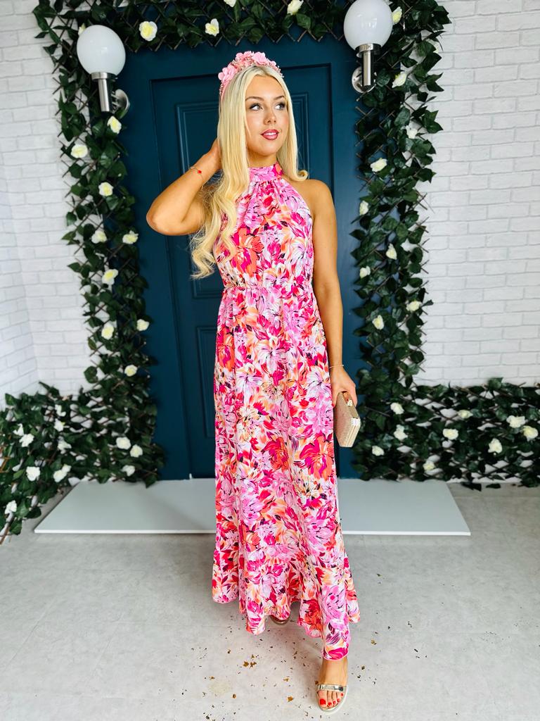 Paloma Tie Neck Dress Floral Orange & Pink