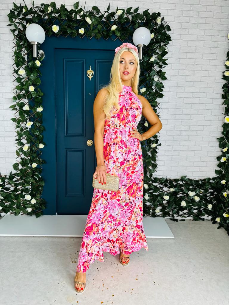 Paloma Tie Neck Dress Floral Orange & Pink
