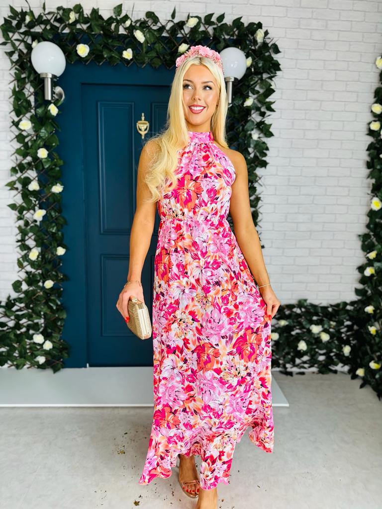 Paloma Tie Neck Dress Floral Orange & Pink