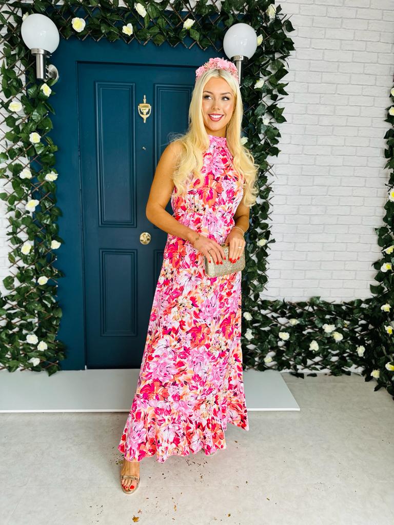 Paloma Tie Neck Dress Floral Orange & Pink