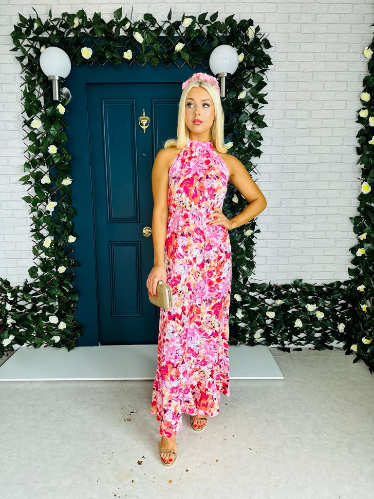 Paloma Tie Neck Dress Floral Orange & Pink