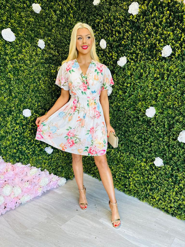 Destiny Mini Dress Floral Off White