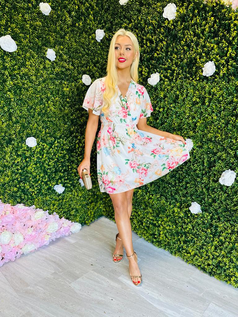 Destiny Mini Dress Floral Off White