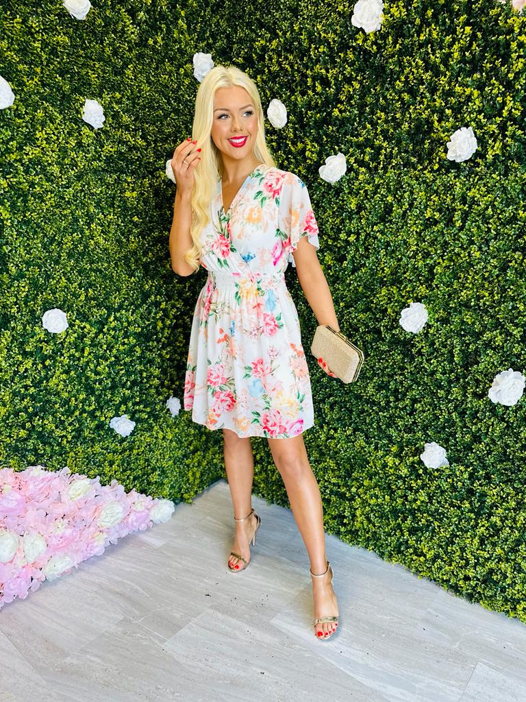 Destiny Mini Dress Floral Off White