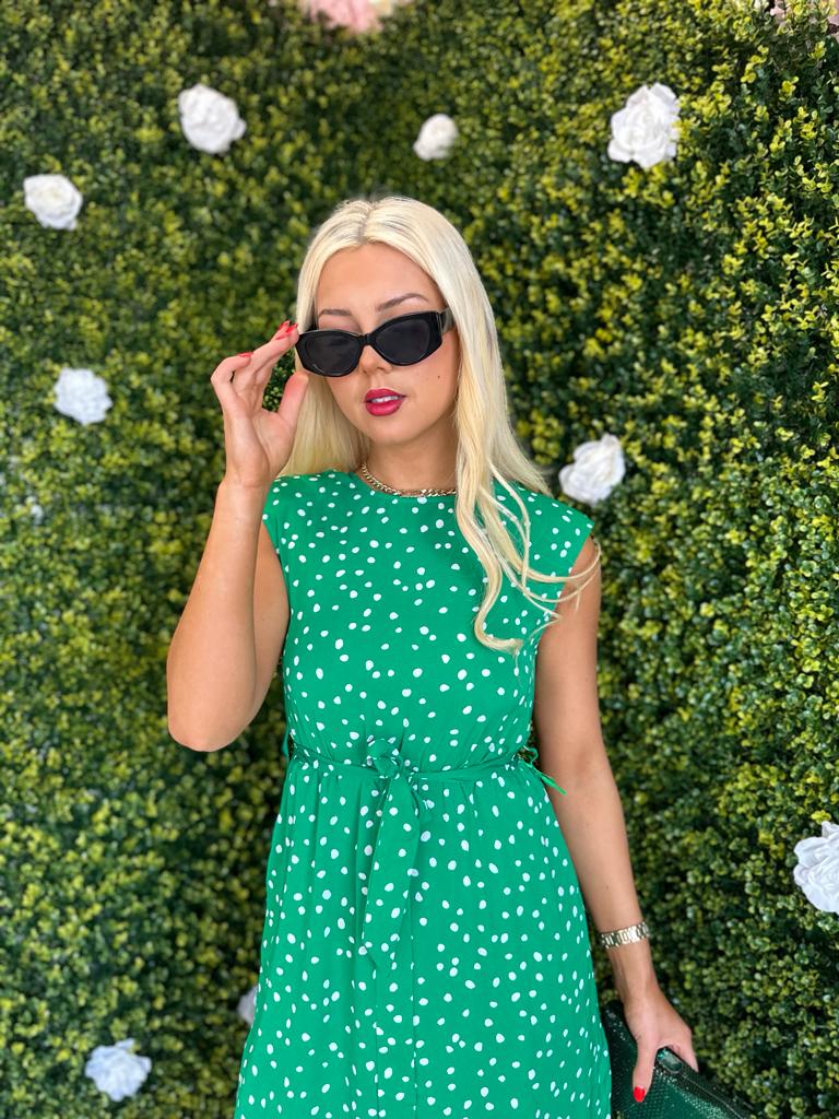Amay Padded Shoulder Midi Dress Polka Green