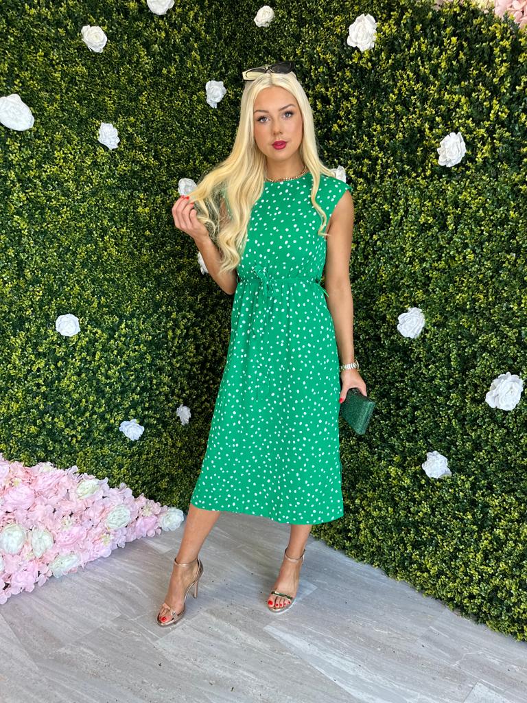 Amay Padded Shoulder Midi Dress Polka Green