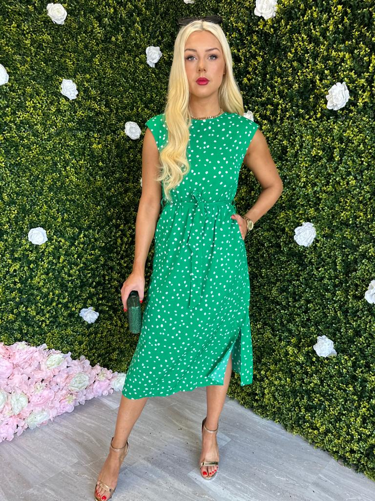 Amay Padded Shoulder Midi Dress Polka Green