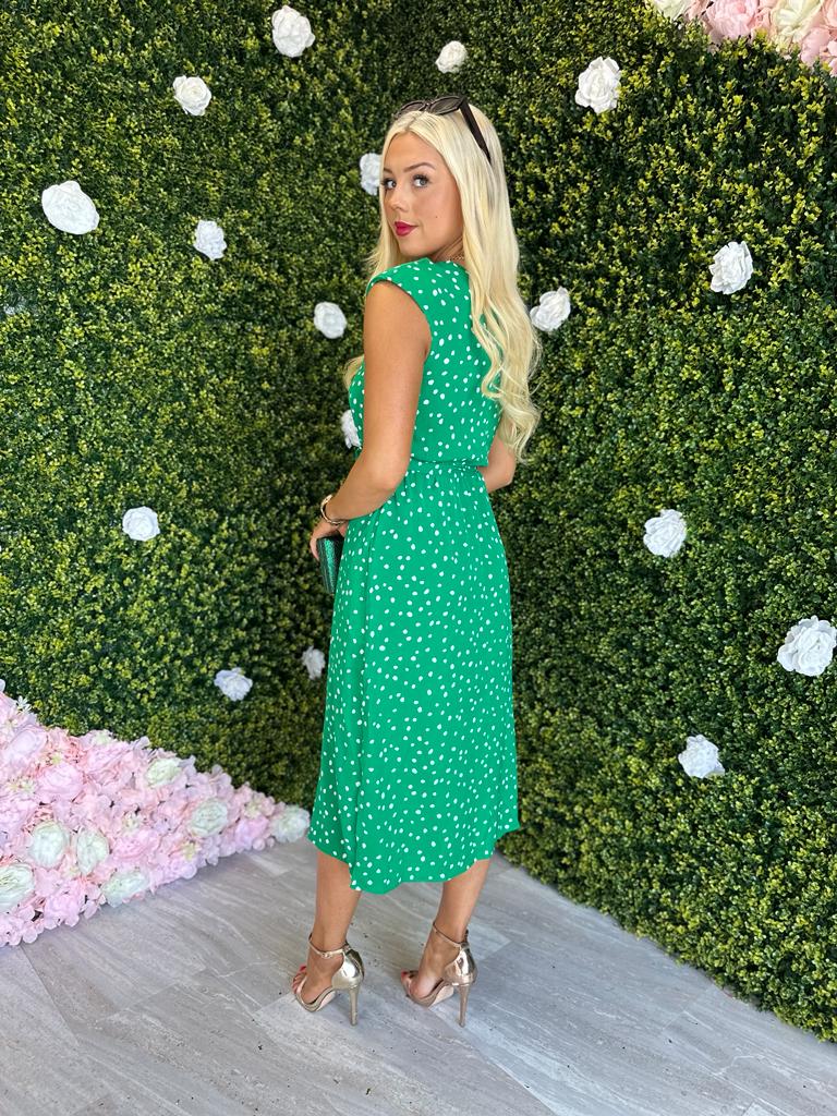 Amay Padded Shoulder Midi Dress Polka Green