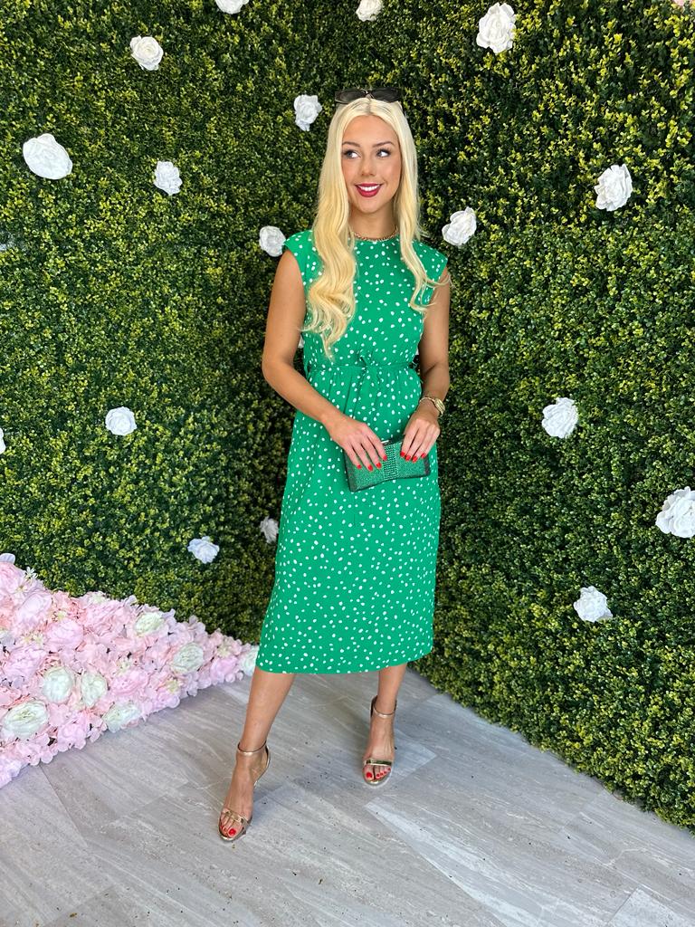 Amay Padded Shoulder Midi Dress Polka Green