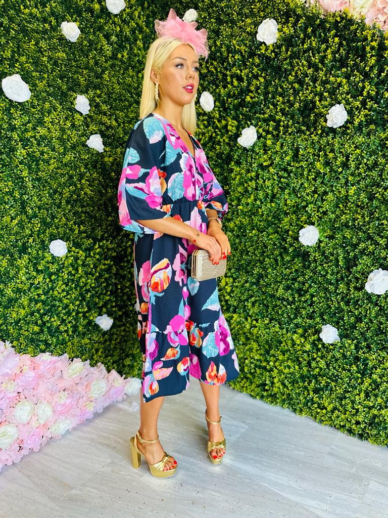 Josie Black Floral Tiered Midi Dress