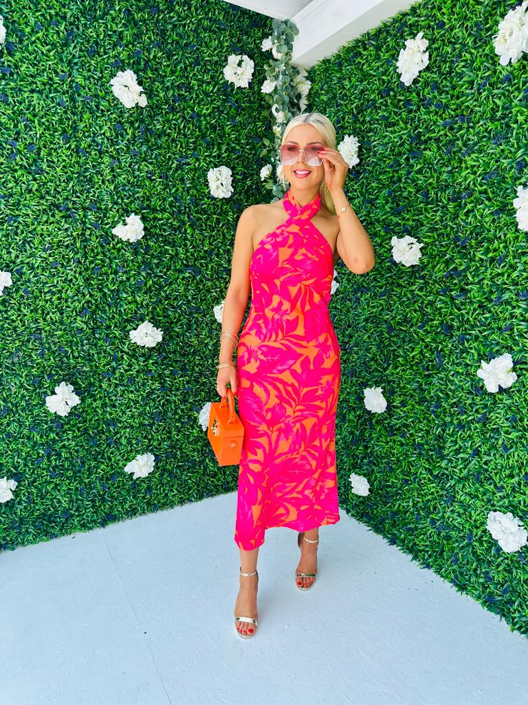 Lexi Tie Neck Dress Floral Orange & Fuchsia