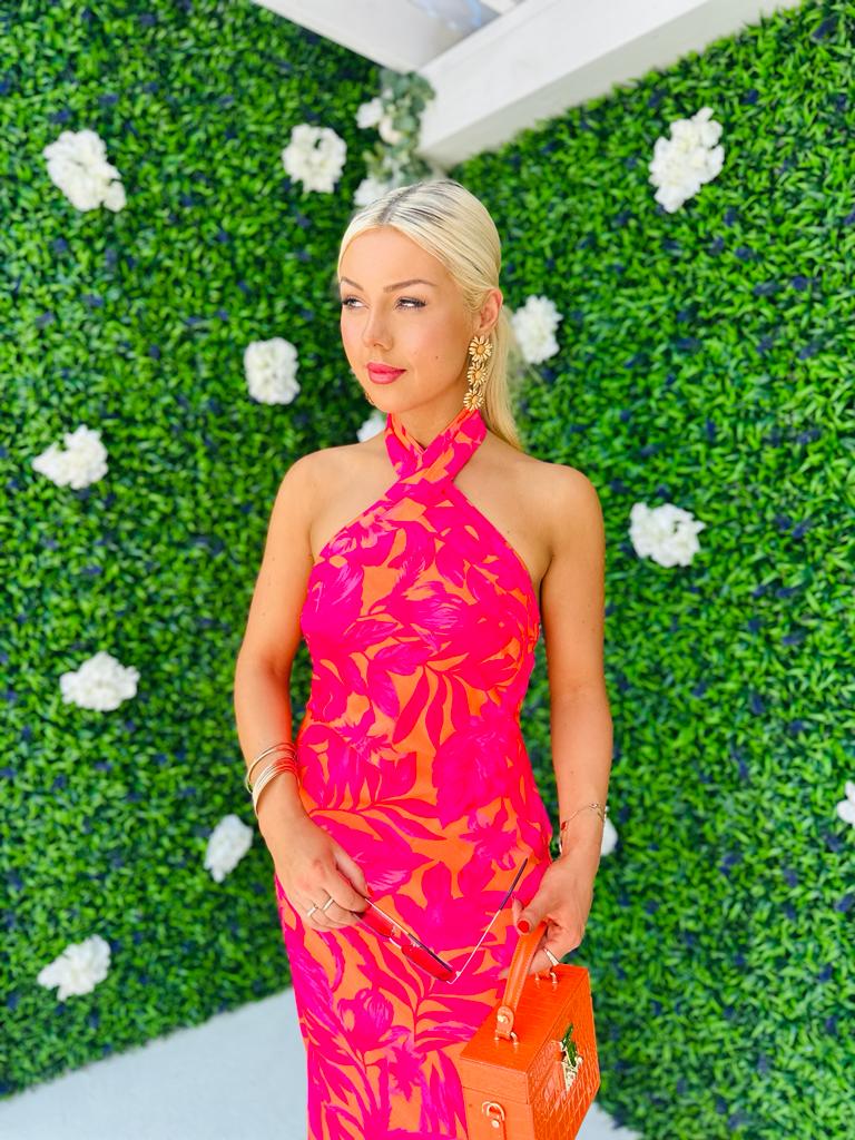 Lexi Tie Neck Dress Floral Orange & Fuchsia
