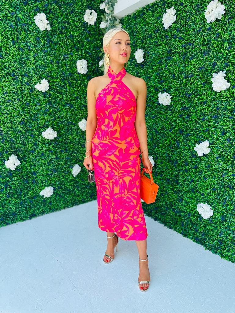 Lexi Tie Neck Dress Floral Orange & Fuchsia